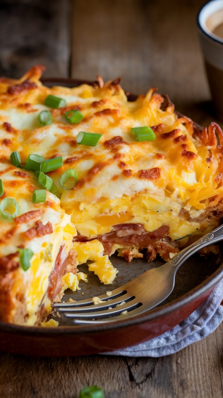 Breakfast casserole with hashbrowns, eggs, and cheese, garnished with green onions, served in a rustic dish.